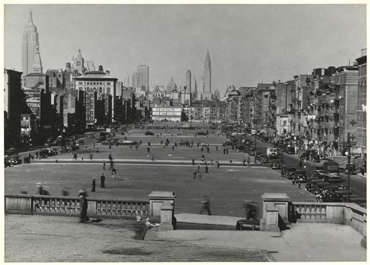 View facing north from Canal Street over the Sarah D. Roosevelt Park towards Midtown. 1930